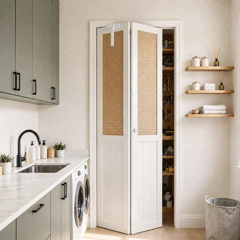 Porte pliante en rotin pliable - Porte pliante en panneau de fibres à densité moyenne à peindre blanc avec poignée en T tissé à panneau en T et poignée pour garde-manger, buanderie et chambre à coucher