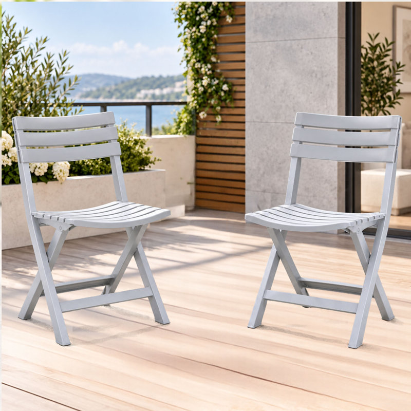 Ensemble de 2 chaises de patio d'extérieur pliantes Addilyne, en polypropylène résistant aux intempéries, gris, Gris