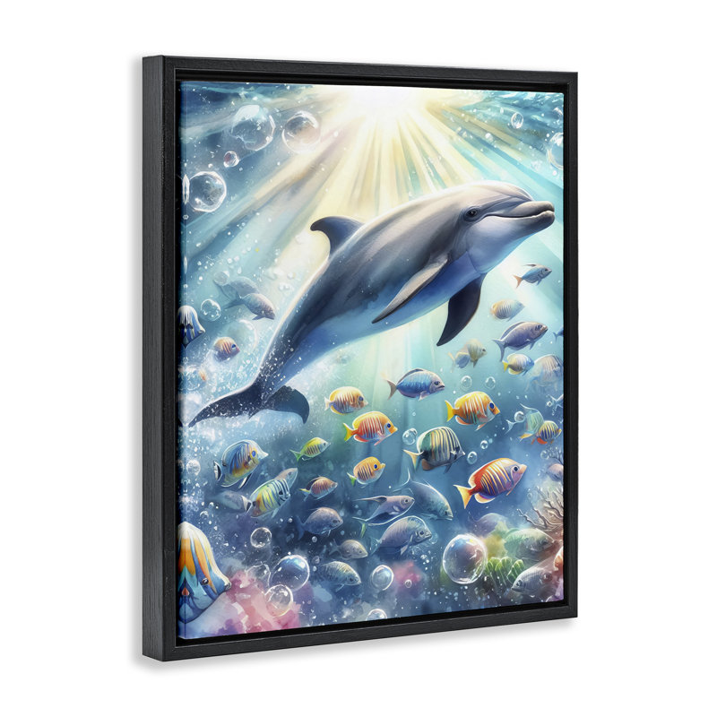  Art mural sur toile, "Dauphin parmi les mers" par LSR Design Studio, H 31 po x l 25 po, Cadre flottant noir de jais