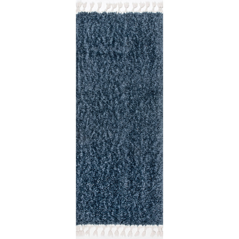 Hollier Modern Power Loom Performance Shag Tasseled Blue Rug, Runner 2' 6" x 6' 3"