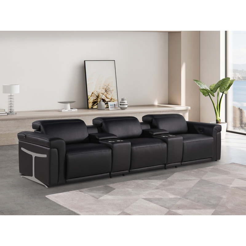 5-Piece 3-Power Reclining Italian Leather Sofa With Power Headrest, Black