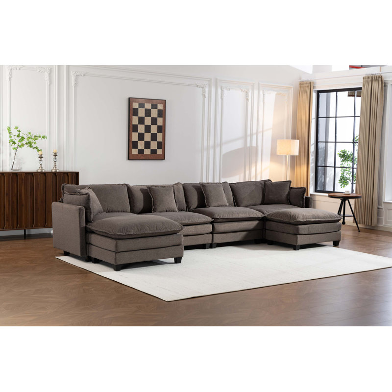Canapé modulaire moderne avec repose-pieds et coussins de taille, Chenille - gris antique