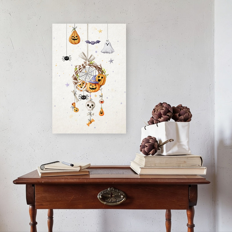 Tableau abstrait contemporain représentant une araignée dans un paysage naturel, avec une touche d'Halloween., 24" H x 16" W