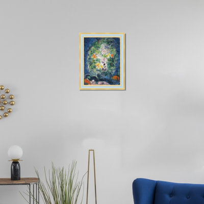 Framed Canvas Wall Art The Bouquet and the Lovers by Marc Chagall Giclee Print Dreamlike Romantic Surrealism Painting Modern Home Decor(Light Blue with Gold,16"x20")