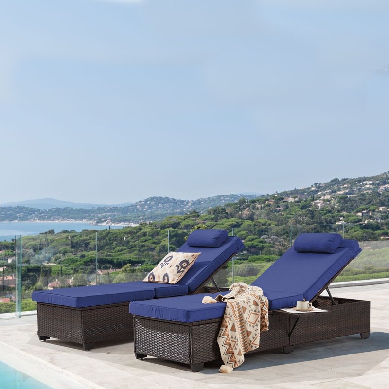 2-Pack Adjustable Outdoor Lounge Chairs, Poolside Chaise Lounge With 5-Position Backrest, Thick Cushion & Cup Holder, All-Weather PE Rattan Patio Furniture