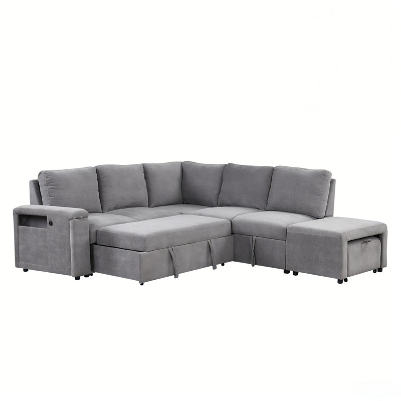 Canapé-lit modulaire rembourré en L avec espace de rangement, ports USB et porte-gobelets sur les accoudoirs, Gris