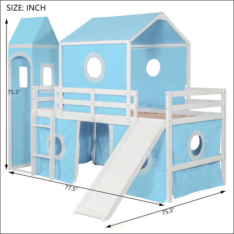 Lit mezzanine avec tente coulissante et tour, Lit simple, Bleu