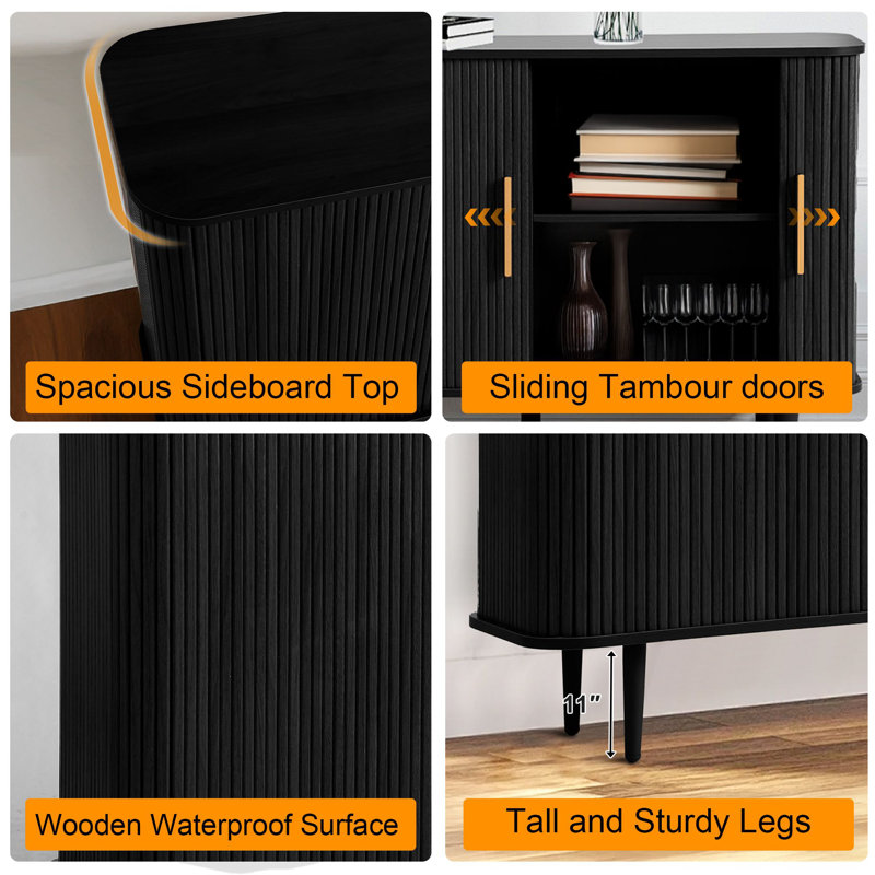 47" Black Fluted MDF Sideboard Buffet Cabinet with Sliding Doors