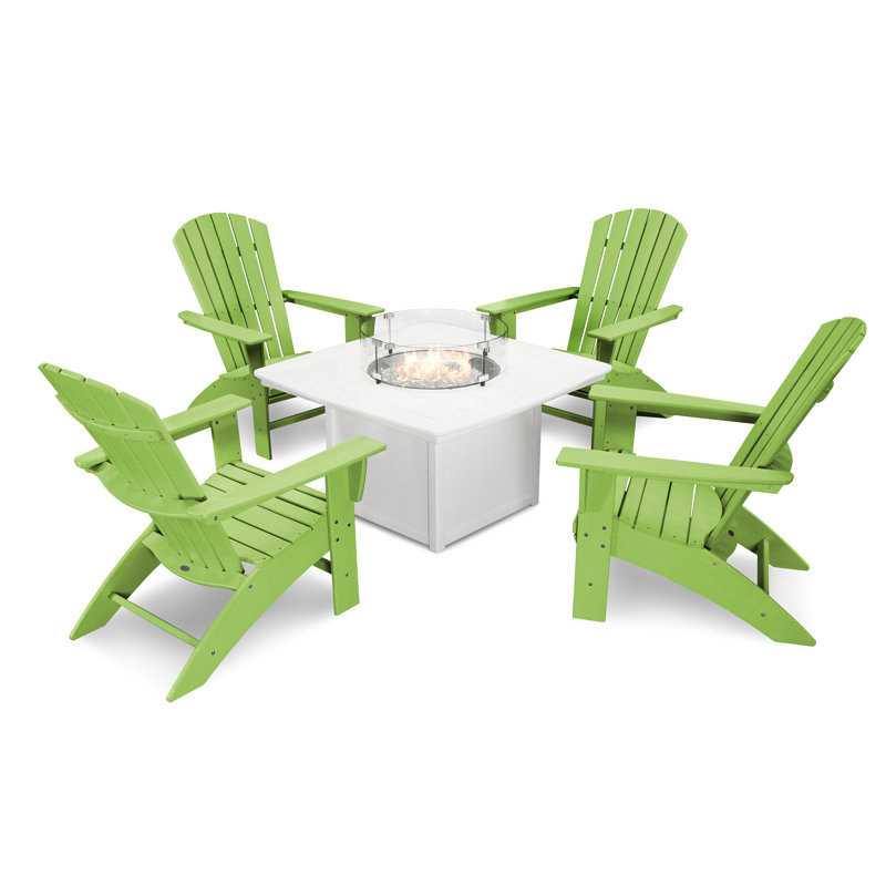 POLYWOOD Nautical Curveback Adirondack 5-Piece Conversation Set with Fire Pit Table, Lime