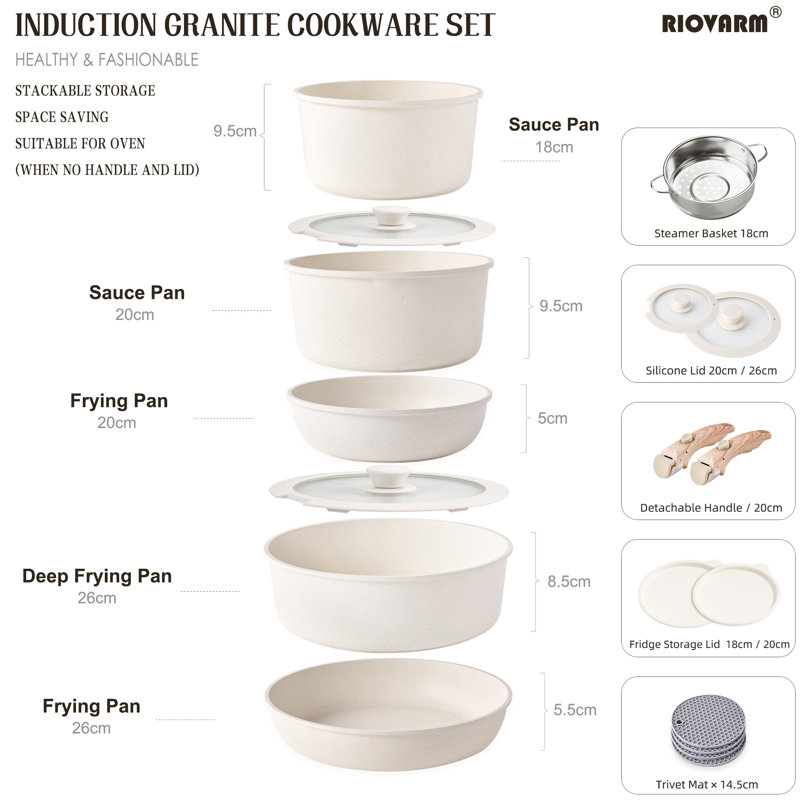 11 - Piece Detachable Handle Cookware Set, Beige