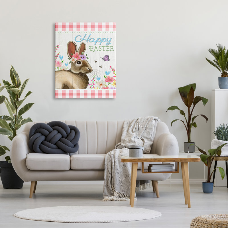 Joyeuses Pâques, lapin vichy floral par Elizabeth Tyndall, impression sur toile tendue, H 40 po x l 30 po x P 1,5 po