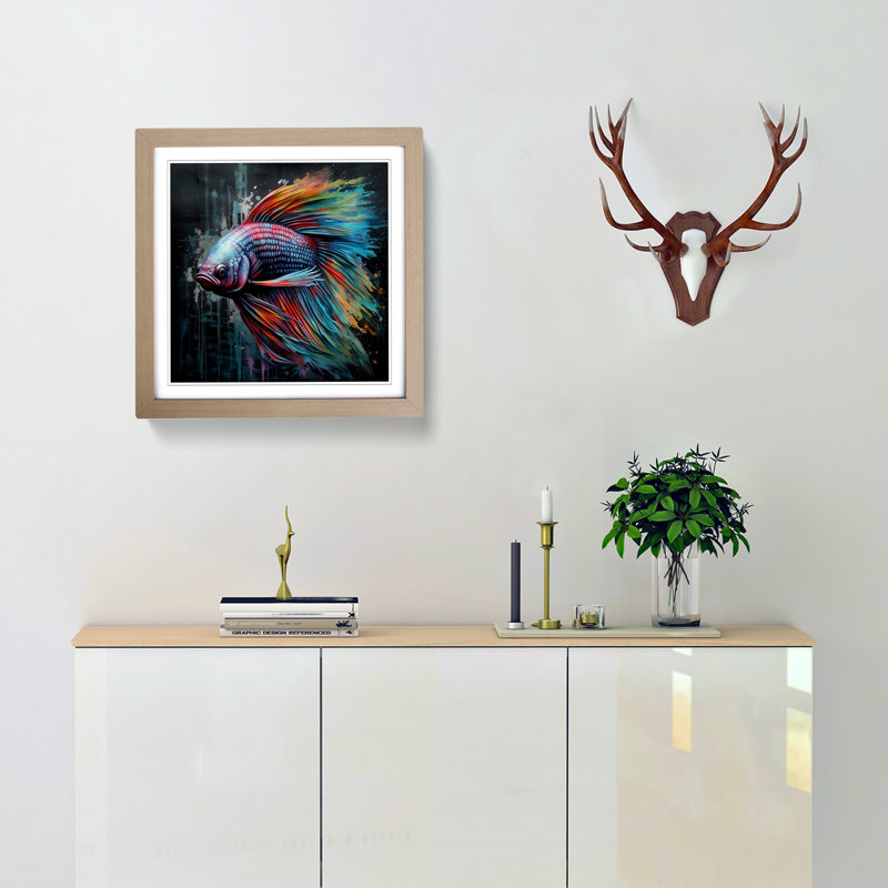 Siamese Fighting Fish Graffiti - Single Picture Frame Print on Wood, Oak