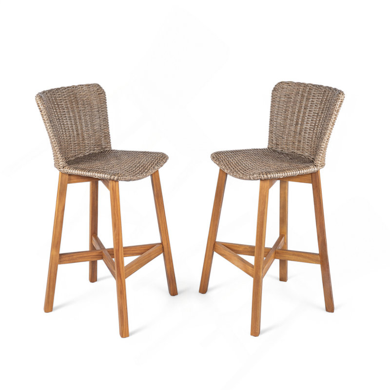 Tabouret de bar d'extérieur Lymington, bois de teck avec osier brun clair, ensemble de 2, Marron clair