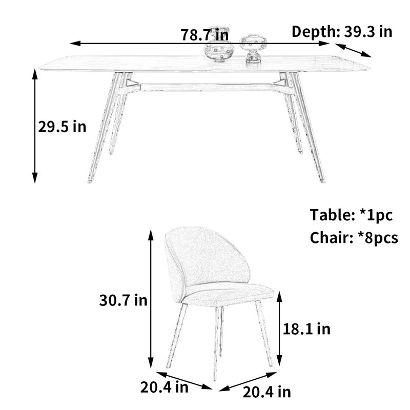 Petite table et chaise de salle à manger de style petit appartement, H 29,5 po x L 78,7 po x l 39,3 po