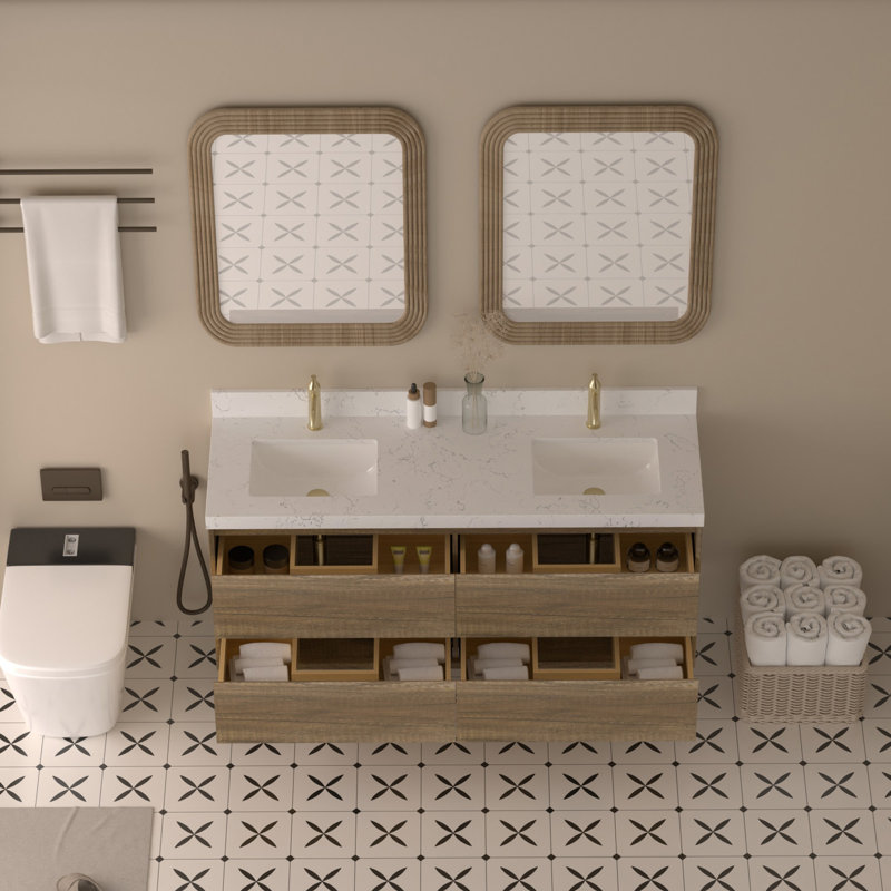 Wall-Mounted Bath Vanity With Engineered Marble Top, Antique Oak, 60"