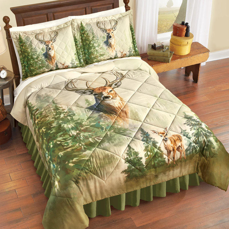 King Size Beige and Green Polyester Woodland Deer Comforter Set
