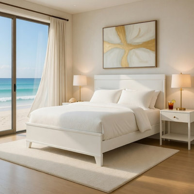 Dani Full Panel Bed, LED Headboard, Luxe White Faux Leather Upholstery