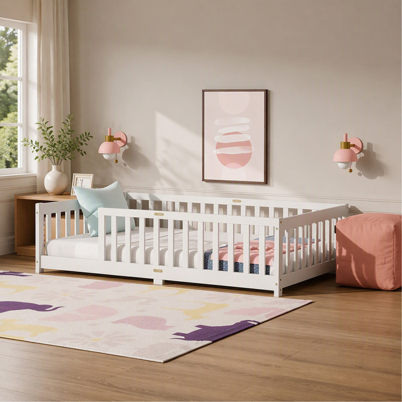 Twin Size Floor Bed with Fence without Door, Rubber Wood Floor Bed with Safety Guardrails,White