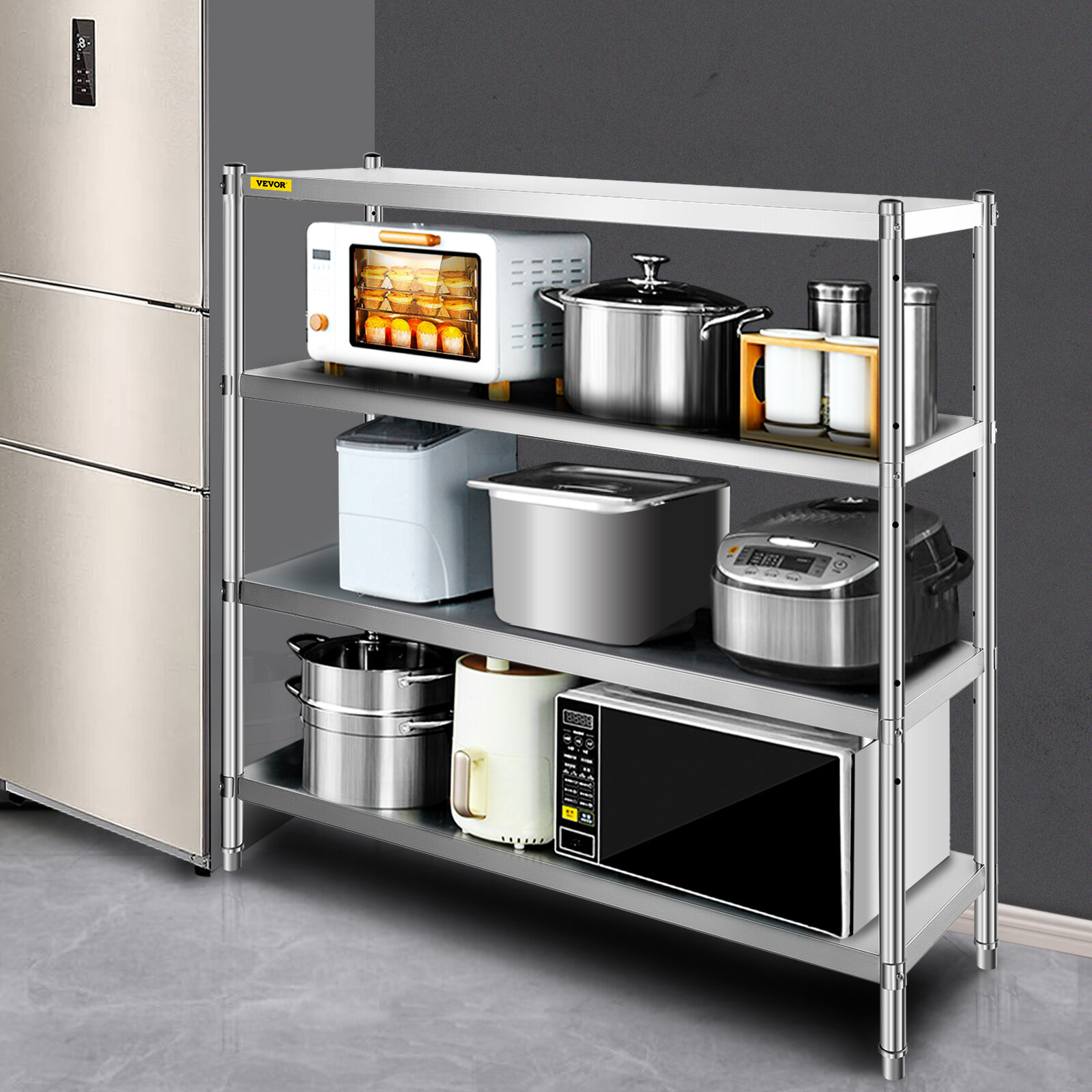 VEVORbrand Stainless Steel Shelving 46.8x18.5 inch 4 Tier Adjustable Shelf  Storage Unit Stainless Steel Heavy Duty Shelving for Kitchen Commercial