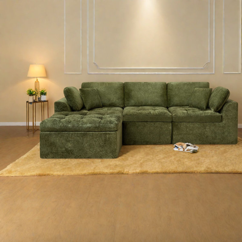 Canapé modulaire vert spacieux, chenille moelleuse, confort moderne pour la maison