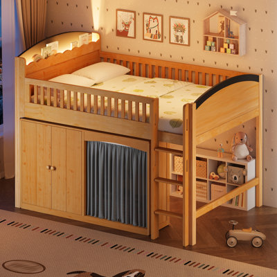 Kid’s Low Loft Bed, Integrated Storage & Wardrobe, Led Headboard Shelf, Modern Farmhouse, Kids Bedroom