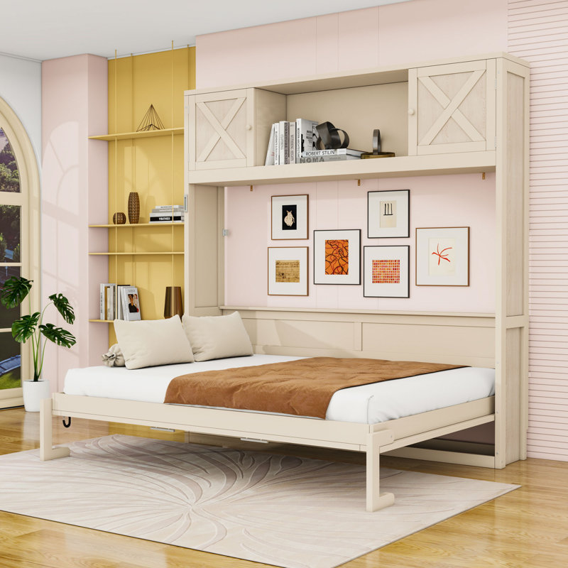 Lit escamotable double avec tablettes de rangement, Beige, Full