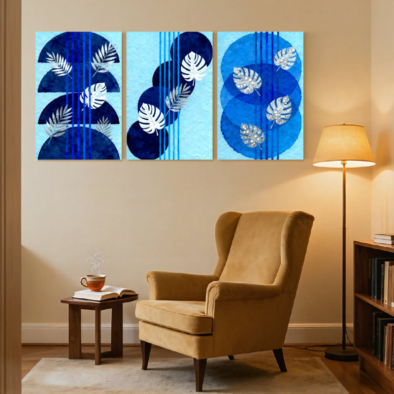 Ensemble de 3 reproductions d'art contemporain sur toile abstraites bleues, H 18 po x l 36 po