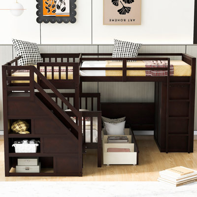 Lit superposé en L avec 3 tiroirs, bureau portable et garde-robe