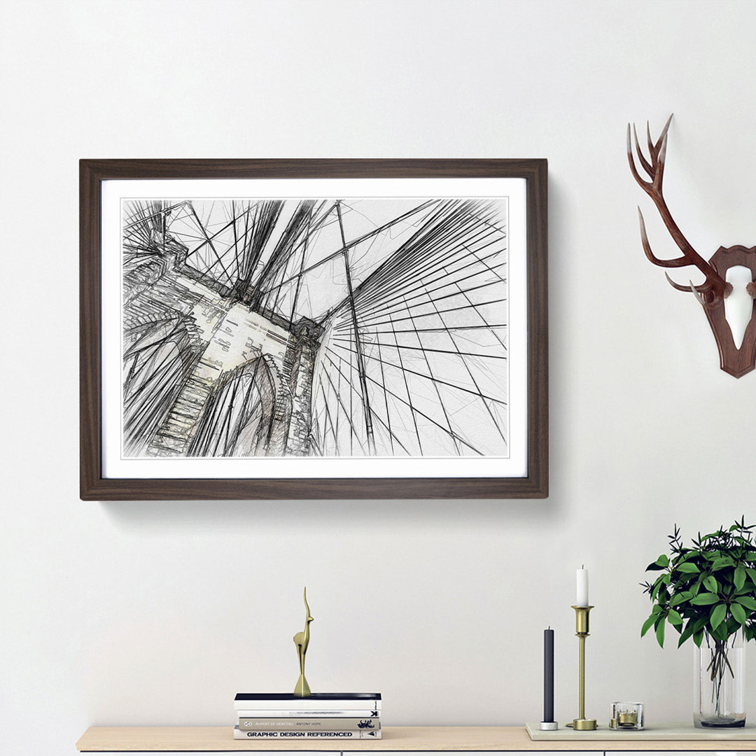 The Brooklyn Bridge in New York City in Abstract - Picture Frame Drawing Print