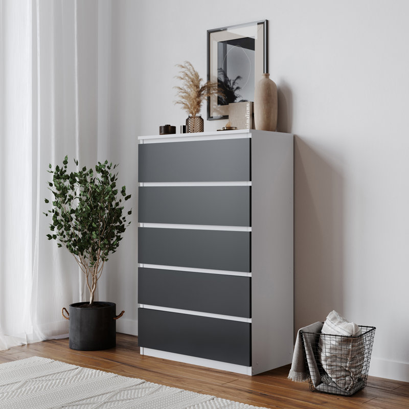 Baptistine 70cm W 5 - Drawer Chest of Drawers, White/Black