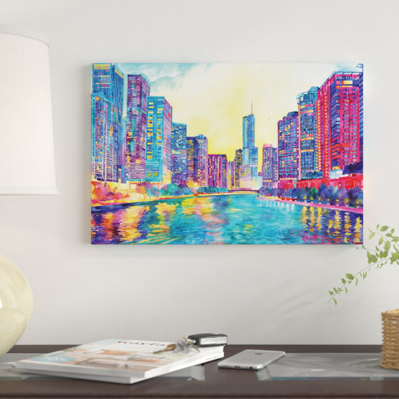 «Chicago River» par Maja Wronska, impression sur toile, H 24 po x l 32 po x P 1 po, Papier d'art encadré noir, Blanc
