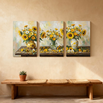 Plantes et fleurs tournesol et marguerite, ensemble de 3 impressions murales sur toile