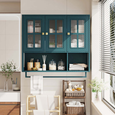 Armoire murale moderne à 3 portes avec rangement en verre et barre à serviettes