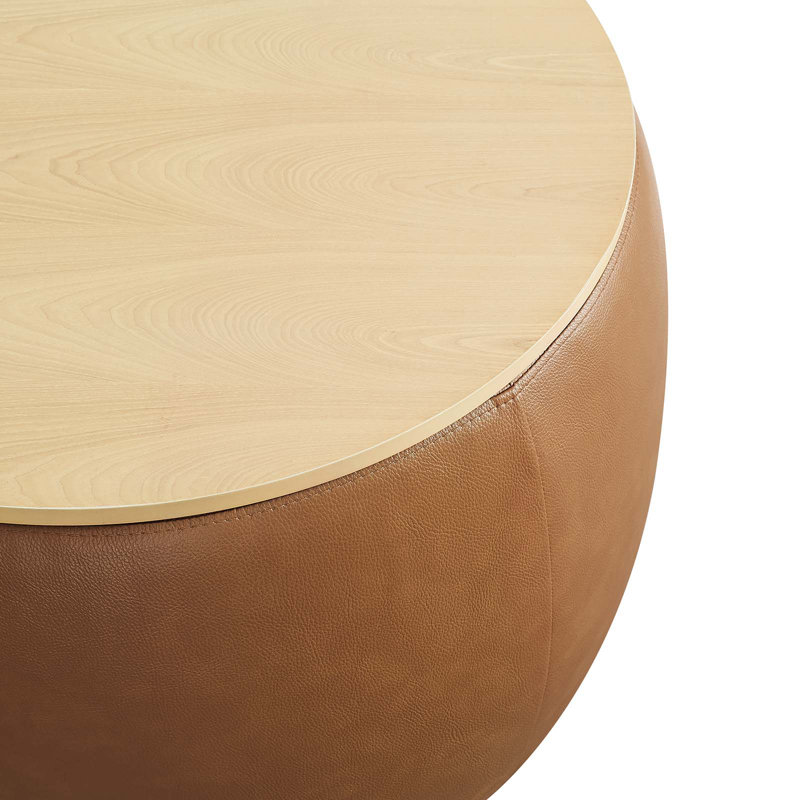 Tan Round Vegan Leather Storage Ottoman with Tray Lid