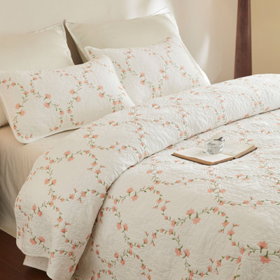 Ensemble de courtepointe 3 pièces en coton brodé beige corail