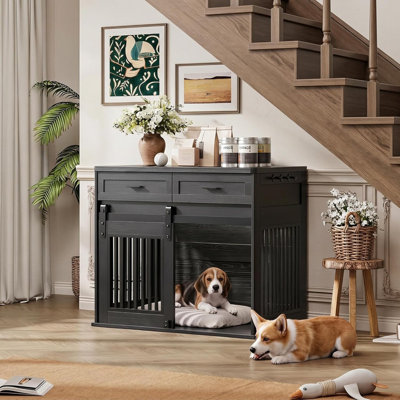 44.5" Large Dog Crate Furniture – 2 Drawers, Sliding Barn Door, Farmhouse End Table for Medium/Large Dogs
