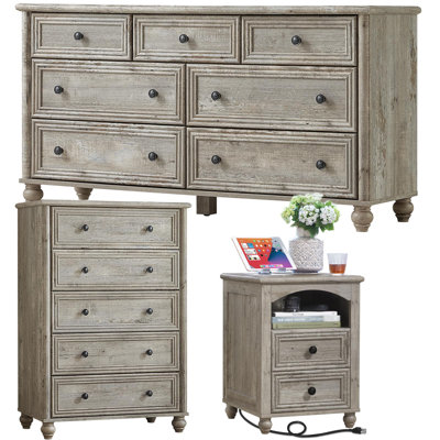 3-Piece Farmhouse Bedroom Furniture Set with 7 Drawer Dresser, 5 Drawer Chest and Nightstand, Wood Storage Set with Charging Station for Bedroom and L