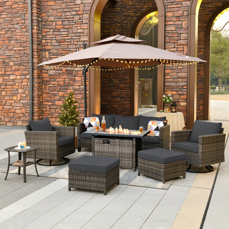 Lovall Wood Premium All-Weather Wicker 5 - Person Patio Conversation Set with Cushions, Black