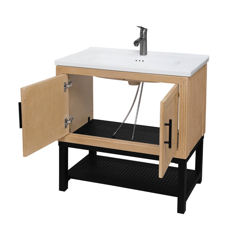 Meuble-lavabo autoportant de 32 pouces avec lavabo en céramique sans soudure, robinet texturé, 2 portes de rangement et beaucoup d'espace, base en métal avec charnières en acier inoxydable flexibles chaud / froid et poignées noires