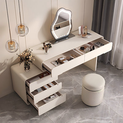 31.50"Solid Wood Cream Style Vanity Table with Stool and Mirror