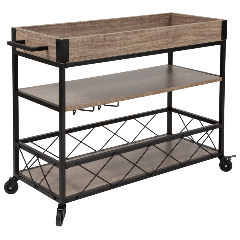 Chariot-bar en bois de chêne clair Netto avec support à verres à pied et tablette inférieure