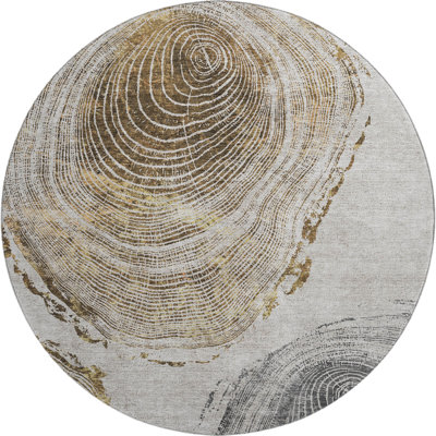 8' Taupe Brown And Ivory Faux Bois Washable Round Rug With UV Protection