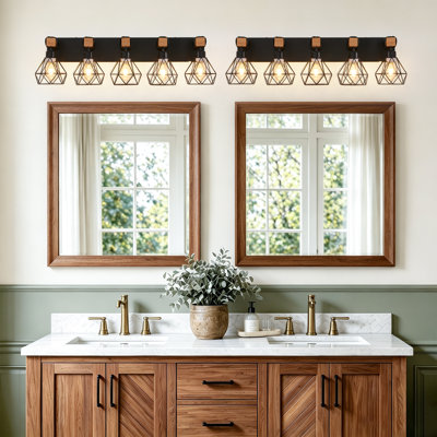Luminaire de meuble-lavabo noir 27 po à 4 lumières de style campagnard avec accents en bois et abat-jour géométrique en métal pour la salle de bain, le miroir, la chambre à coucher ou le salon (ampoule non incluse)
