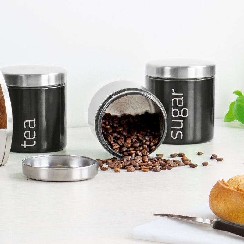 SQ Professional Gem 3 Piece Stainless Steel Coffee, Tea, & Sugar Jar Set, Black/Chrome
