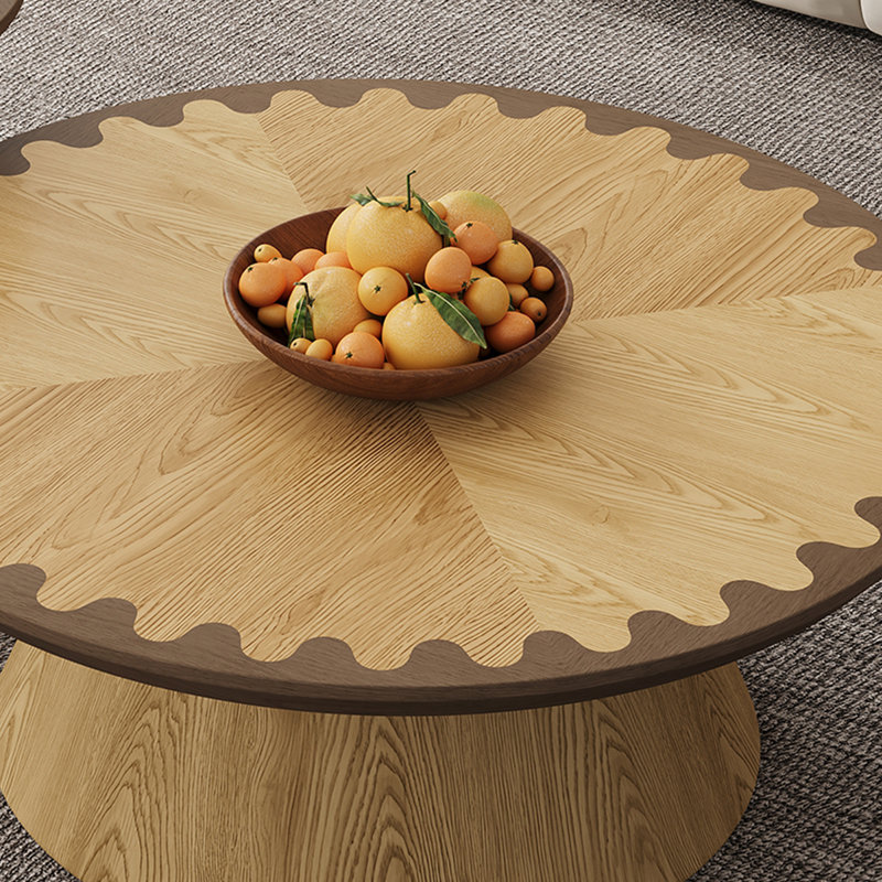 Table basse ronde à bords festonnés 35 po, table basse en bois avec base en bois robuste, table centrale compacte pour les espaces de vie modernes