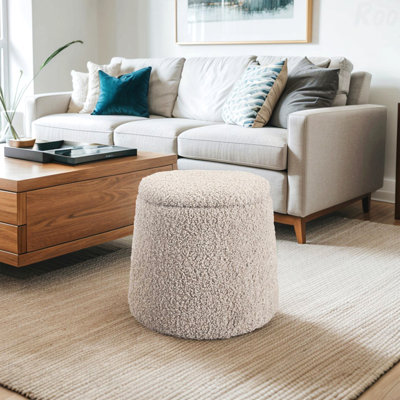 Fabric Upholstered Round Ottoman - With Storage Function