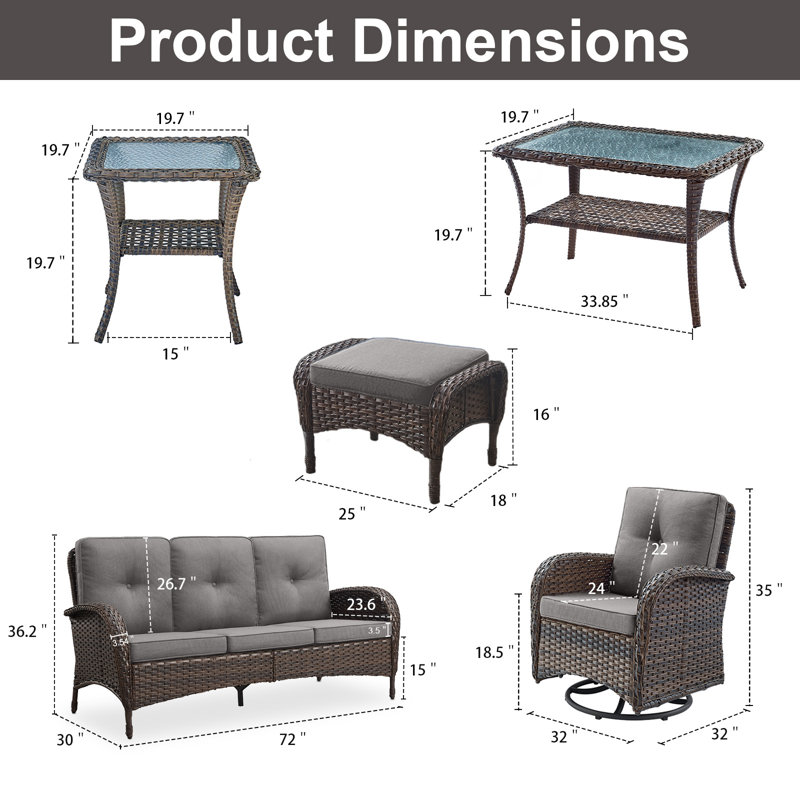 Gaetanino 7-Piece Patio Conversation Set with Rocking Chairs & Ottomans, Gray