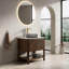 Meuble-lavabo de salle de bain 36 po Indigo, armoire de rangement autoportante en contreplaqué avec 2 portes diagonales rayées et tablette ouverte, lavabo en verre de transport noir et plateau en pierre frittée blanc de Carrare, grain de bois noyer foncé-130369467-130369474