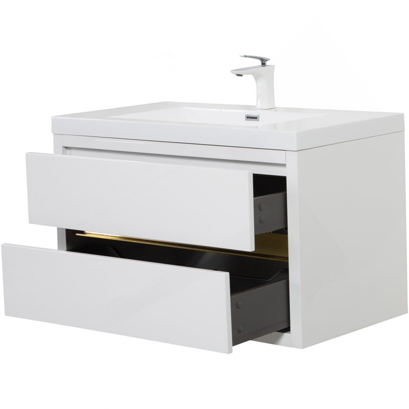 Meuble-lavabo mural 36 po avec lavabo, meuble de rangement flottant pour salle de bain avec comptoir en résine de pierre et tiroirs à fermeture en douceur, blanc brillant