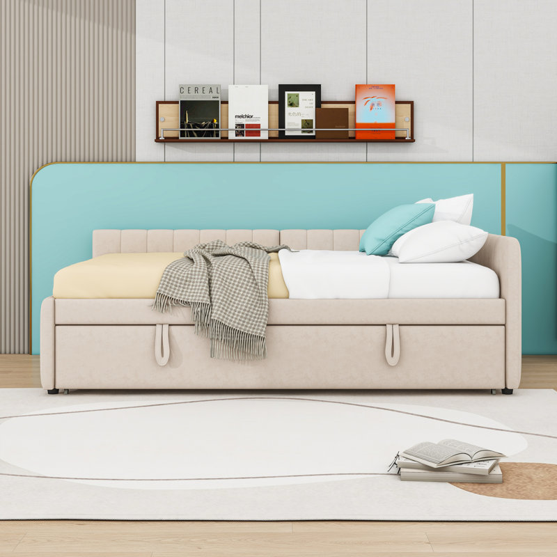 Full Upholstered Daybed with Trundle, Beige